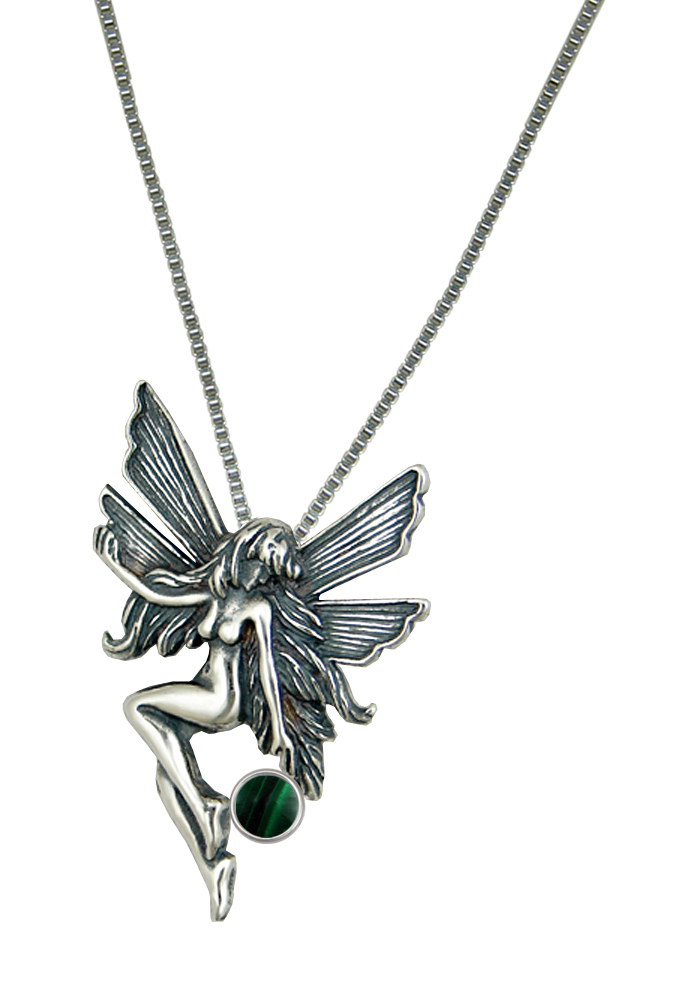 Sterling Silver Fairy Pendant Necklace With Malachite